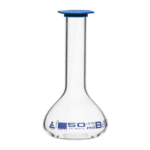 Volumetric Flask, 50ml - Class B, ASTM - Tolerance 0.10ml - Blue Snap Cap - Single, White Graduation - Borosilicate Glass - Eisco Labs