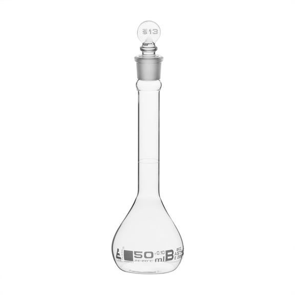Volumetric Flask, 50ml - Class B, ASTM - Tolerance 0.100 ml - Glass Stopper - Single, White Graduation - Eisco Labs