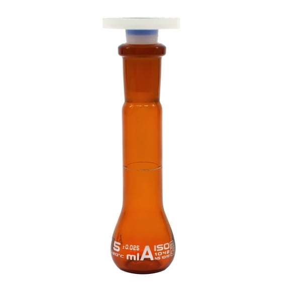 Volumetric Flask, 5ml - Amber - Fitted with 10/19 Polypropylene Stopper - Class A, Tolerance 0.025 ml - White Graduation Mark - Borosilicate Glass - Eisco Labs