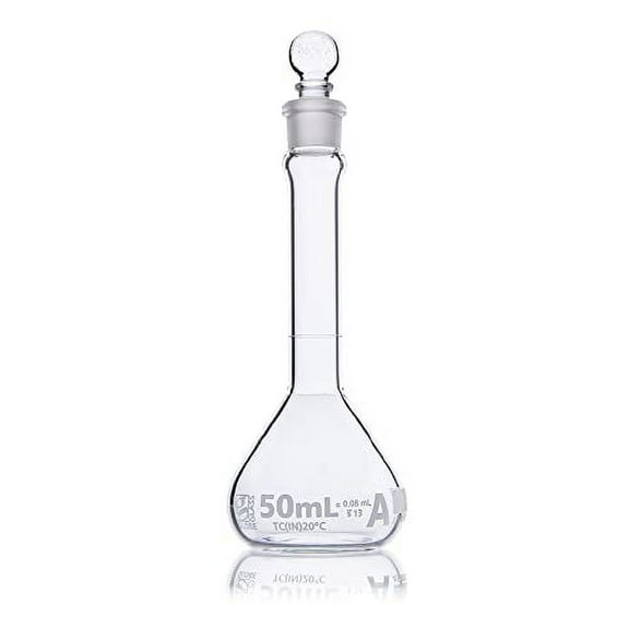 Volumetric Flask, Wide Mouth, Globe Glass, 50mL, Class A, to Contain (TC), 3.3 Borosilicate Glass, ASTM E288, 6/Box