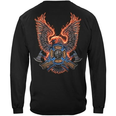 Volunteer Fire Eagle Firefighter 100% Cotton Black Long Sleeves T-Shirt Large