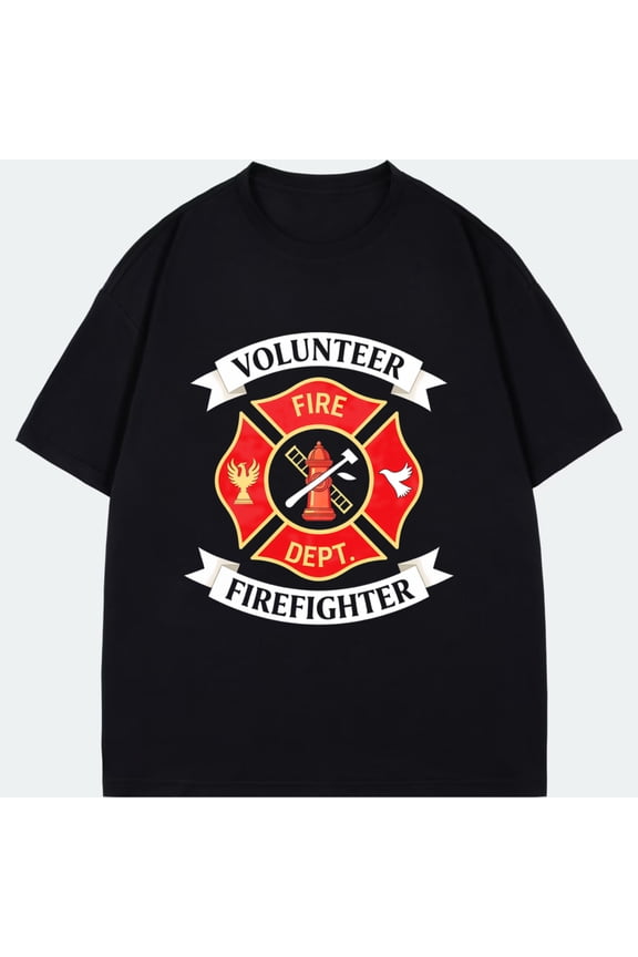 Volunteer Firefighter T Shirt Black Fire Department Emblem With Maltese Cross And Tools For Firefighters And Emergency Responders