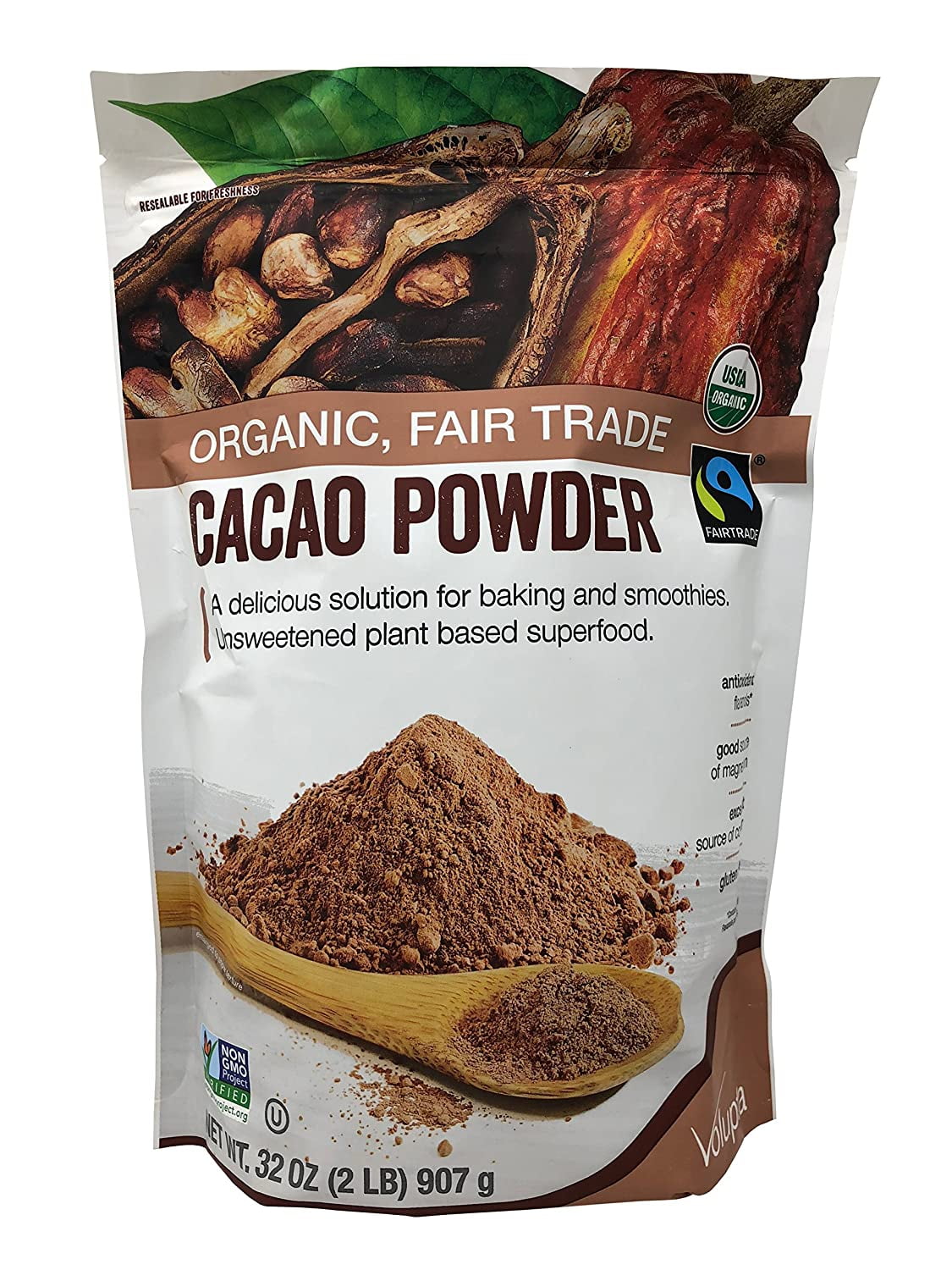 Volupta Organic and Fair Trade Unsweetened Super Food Cacao Powder 32 Ounce