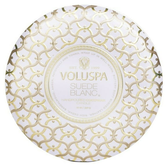 Voluspa 3 Wick Decorative Tin Candle - Suede Blanc