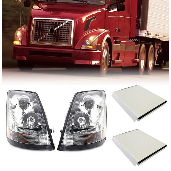 Volvo 04-18 VN/VNL Truck Headlight Headlights w/ Bulbs & Cabin Air Filter Pair