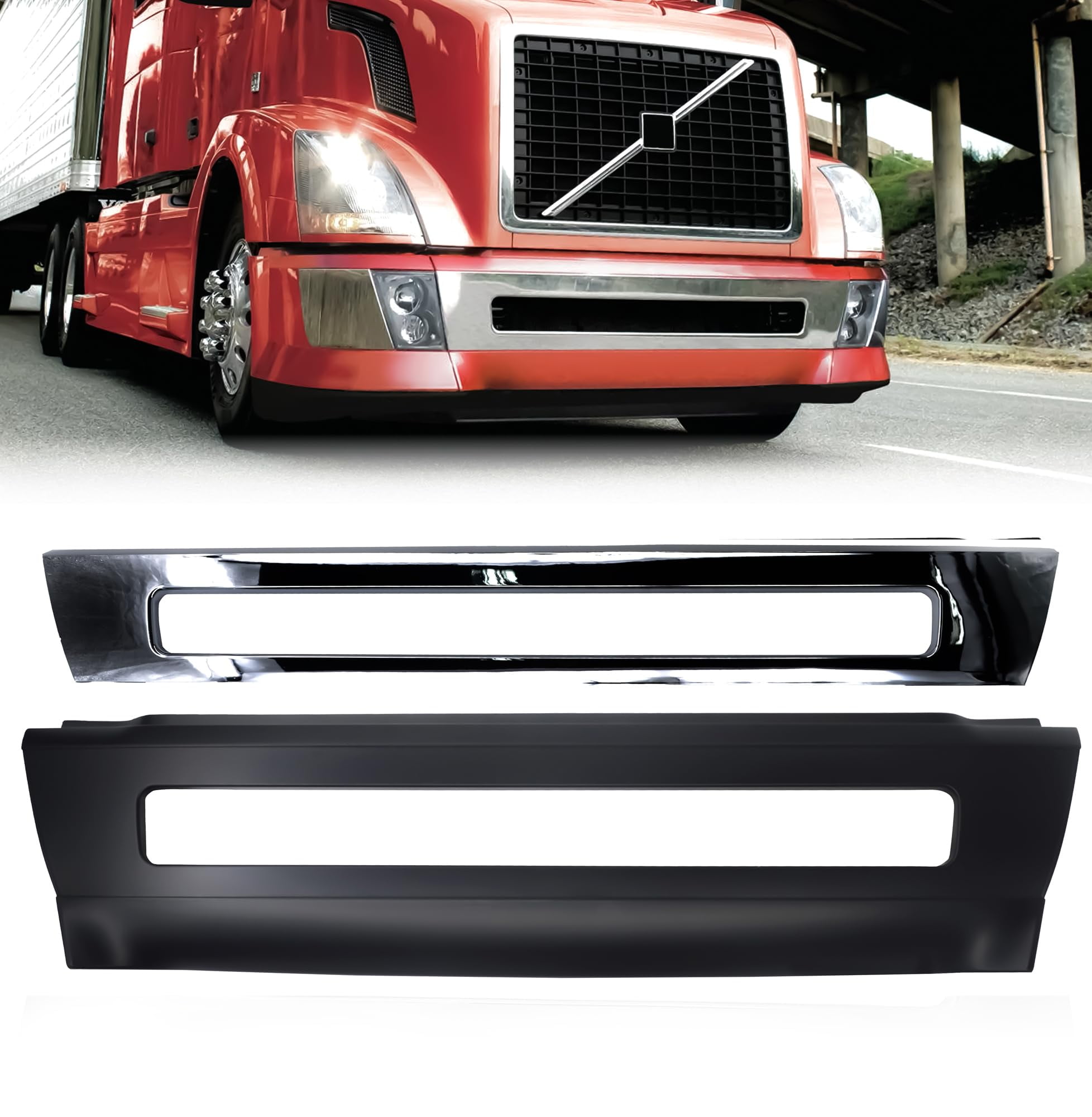 TORQUE Front Center Bumper with Chrome Trim Replacement for 2004-2016 Volvo VNL 300 430 630 670 730 780 Series Semi Trucks (TR004)