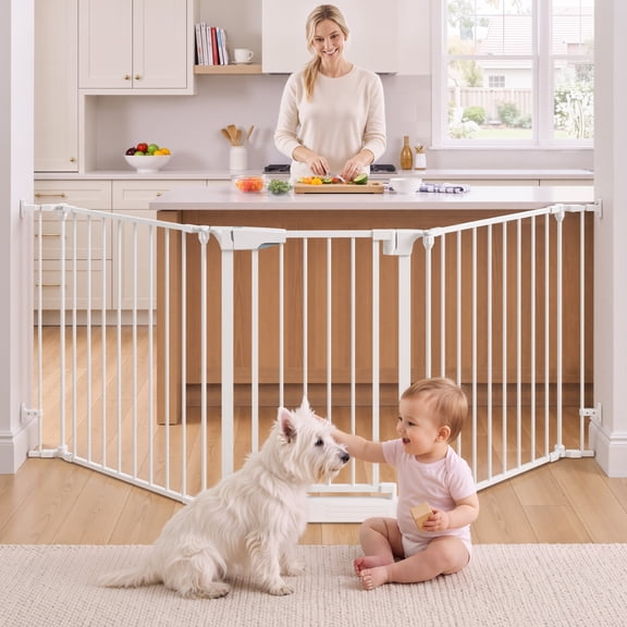Vomeast 34.6"-84.2" Extra Wide Baby Safety Gate,Auto Close Pet Dog Gates for Stairs Doorways Fireplace,Anti-Trip Pedal,29.5" Tall,White
