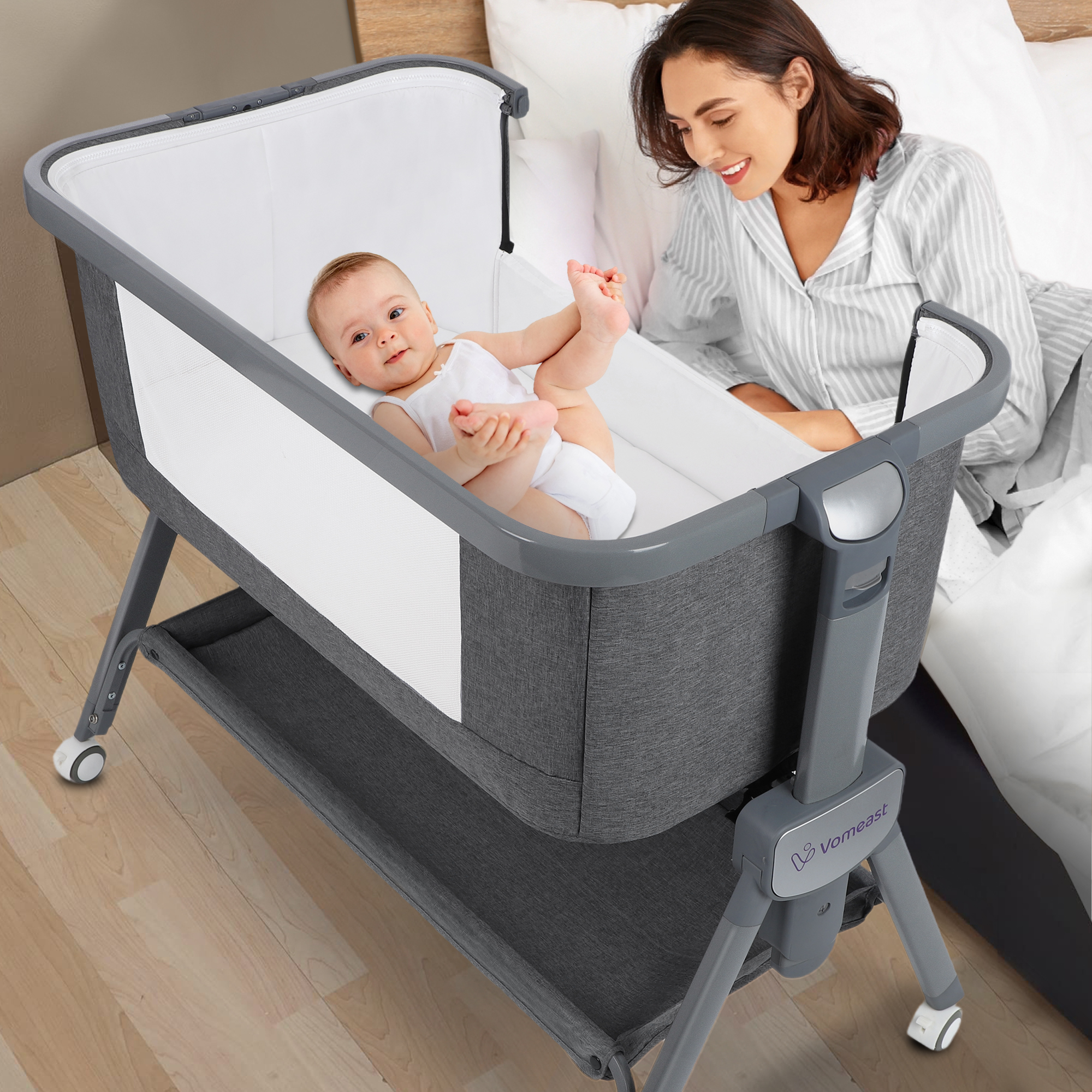 Mika Micky Bedside Sleeper Easy Folding Portable Crib,Grey