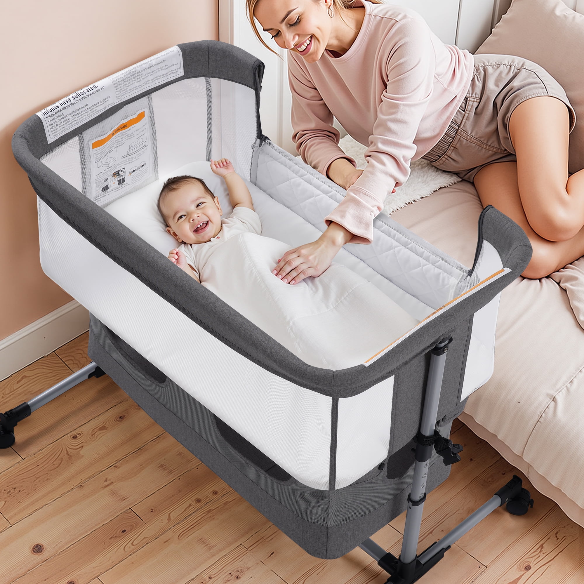 Vomeast Baby Bassinet Bedside Sleeper, 4 in 1 Baby Bassinets for Babies, with Wheels, Adjustable Height, Storage Basket, Mosquito Net for Newborns Infants - Dark Gray
