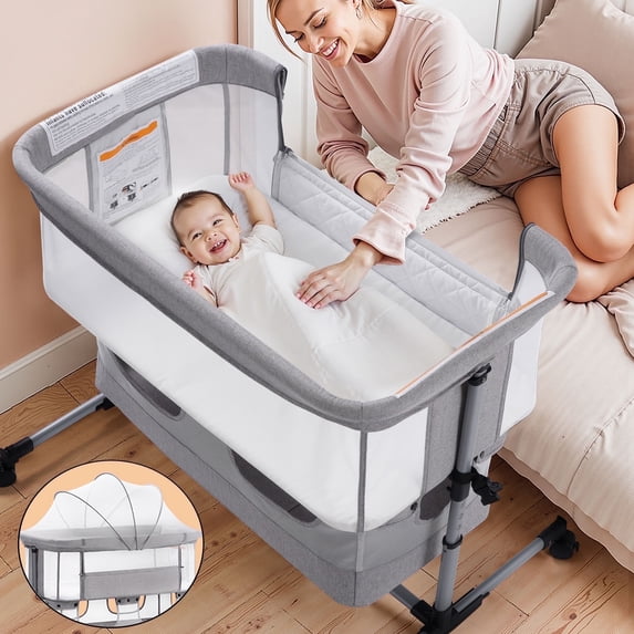 Vomeast Baby Bassinet Bedside Sleeper with Wheels, Adjustable Height, Storage Basket, Mosquito Net for Newborns Infants, Light Gray