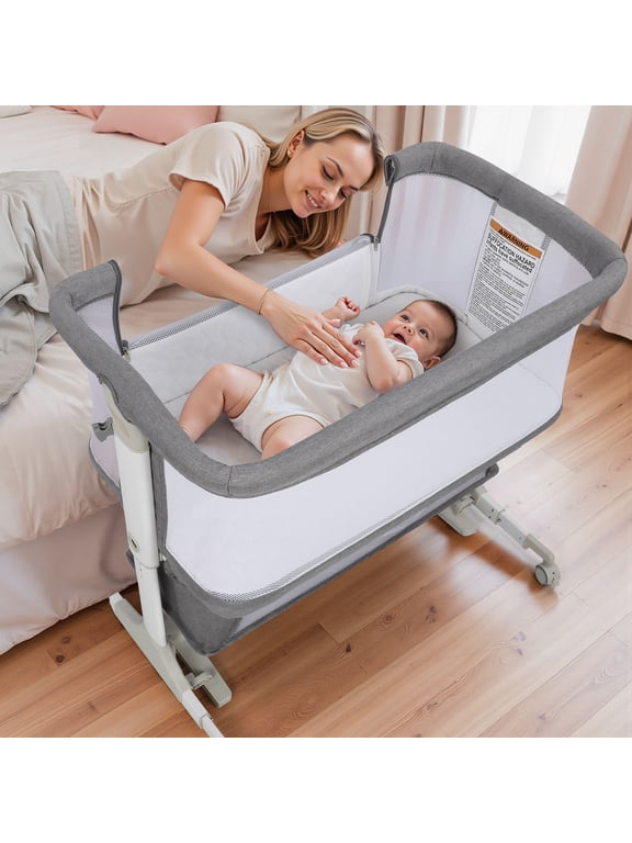 Baby Bassinet Bedside Sleeper with Wheels, Adjustable Height, Dual-Lock, Storage Bag for Newborns Infants, Gray