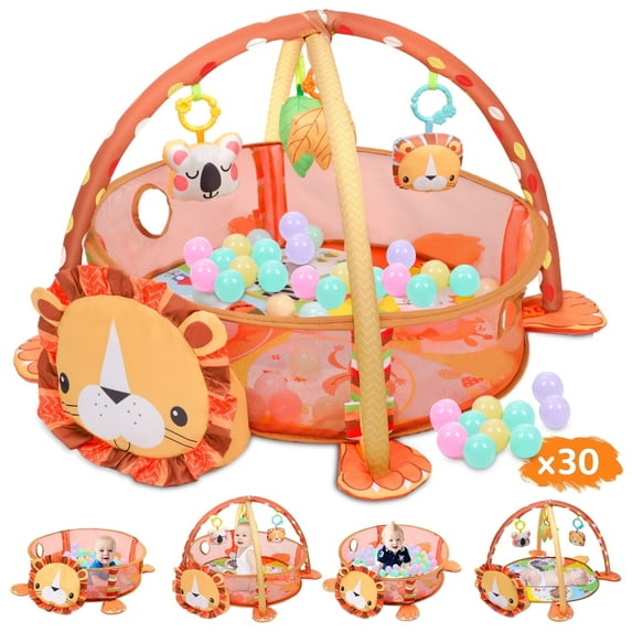 Vomeast Baby Play Gym, Baby Play Mat with 4 Hanging Toys 30 Balls, Activity Play Mat for Infant Toddler Age Group 0 to 36 Months (Cartoon Lion)