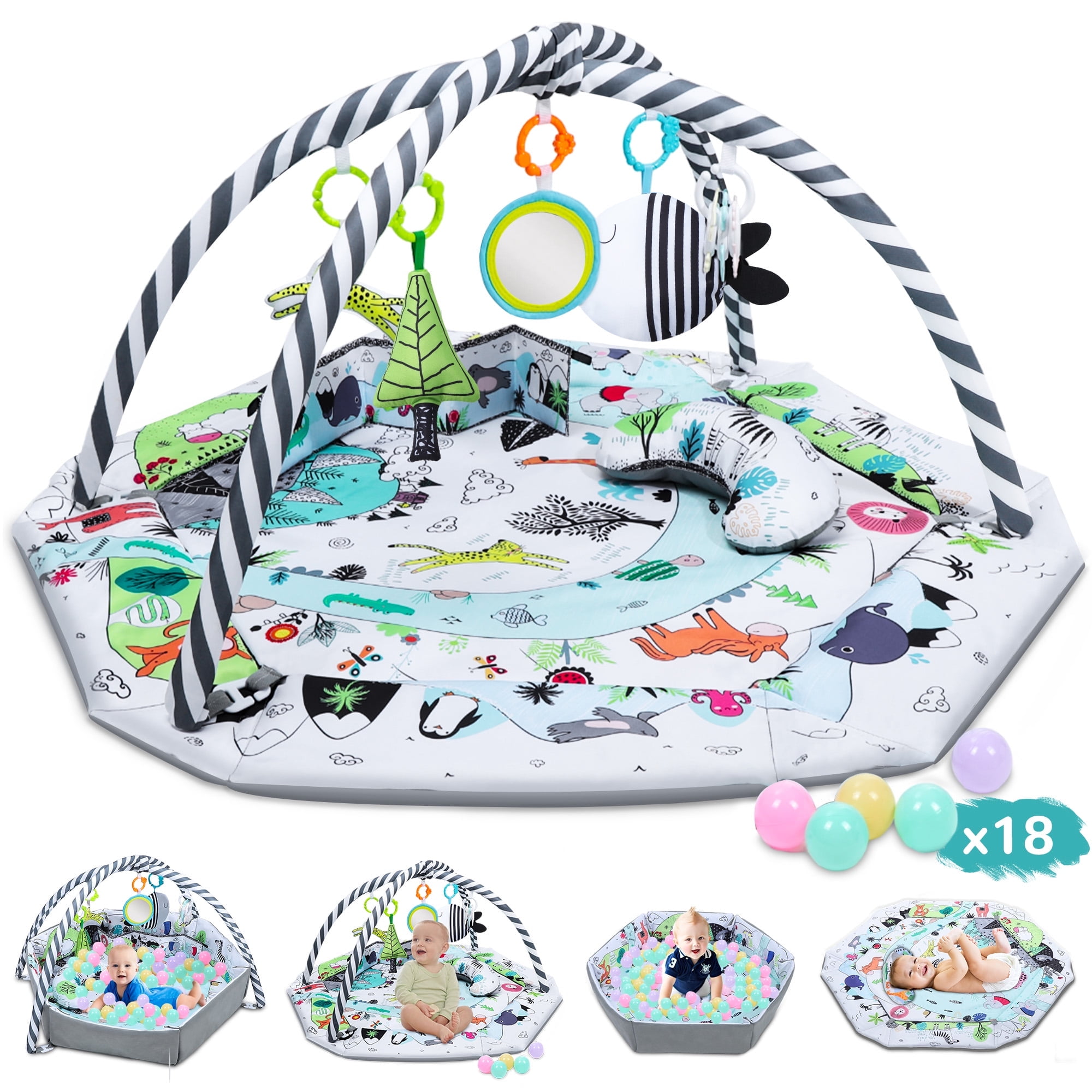 Vomeast Baby Play Mat, 4 in 1 Baby Gym Activity Mat w/ Fence & Ball Pit