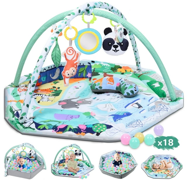 Vomeast Baby Play Mat, 4 in 1 Baby Gym Activity Mat with Fence & Ball Pit, Tummy Time Mat for Newborn Infant Toddler Girls Boys, 18 Balls (Green)