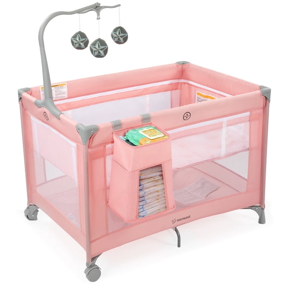 Vomeast Baby Playard Baby Bassinet with Toy Bar,Portable Crib Pack and Play,Play Yard,0-5 Months,Pink
