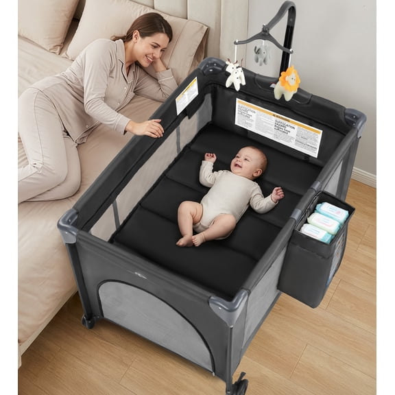 Vomeast Baby Playard,Foldable Baby Bassinet Pack and Play with Mattress and Toy Bar,Portable Crib Play Yard,0-5 Months,Black
