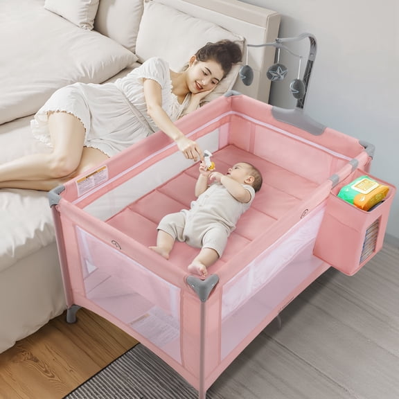 Vomeast Baby Playard Baby Bassinet,Foldable Crib Pack and Play with Toy Bar,Play Yard(Pink)