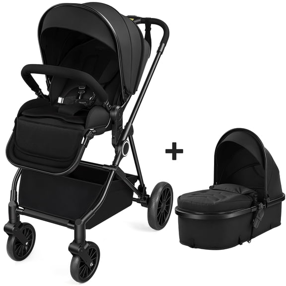Vomeast 2 in 1 Baby Strollers, Foldable Travel Stroller with 2 Reversible Seats, All-Wheel Suspension, 5-Point Harness, Black