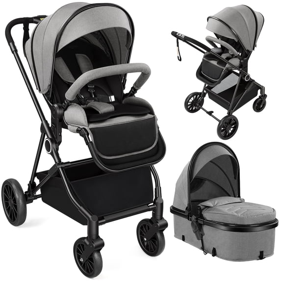 Vomeast 2 in 1 Baby Strollers, Foldable Travel Stroller with Reversible Seat, All-Wheel Suspension, 5-Point Harness, Gray