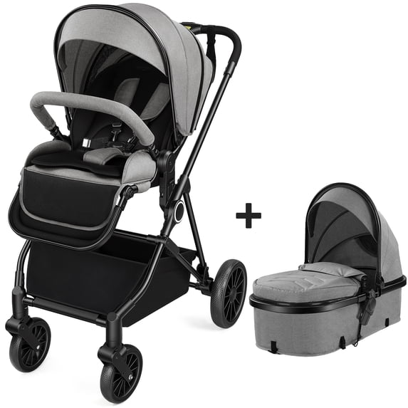 Vomeast 2 in 1 Baby Strollers, Foldable Travel Stroller with 2 Reversible Seats, All-Wheel Suspension, 5-Point Harness, Gray