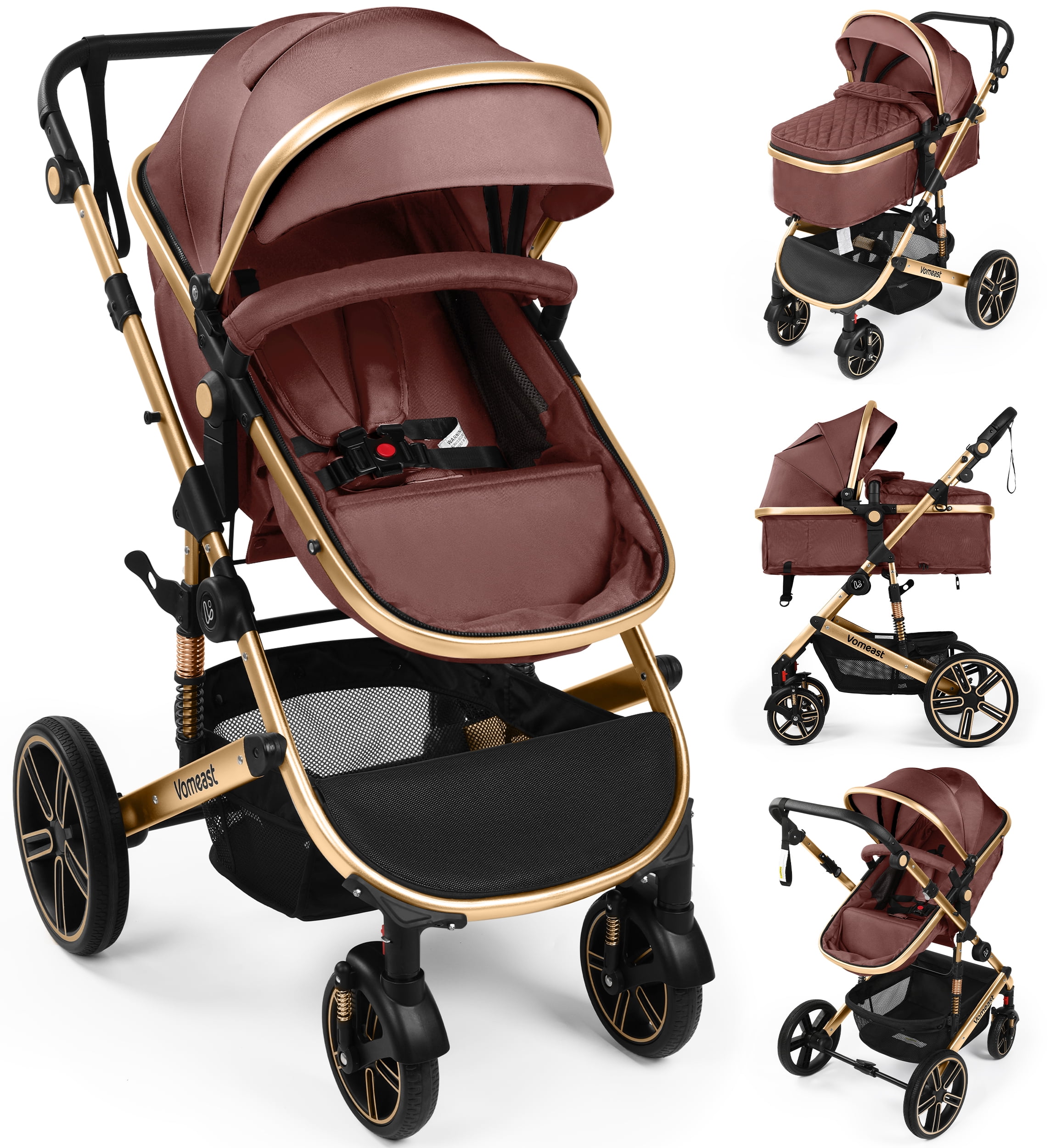 Vomeast Baby Stroller, Foldable Aluminum Alloy Stroller with Reversible, Travel Stroller for Newborn Infant, Brown