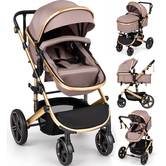 Vomeast Baby Stroller, Foldable Aluminum Alloy Stroller with Reversible, Travel Stroller for Newborn Infant, Light Brown