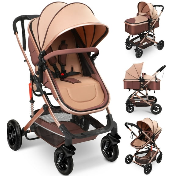 Vomeast Baby Stroller, Foldable Baby Stroller Reversible Bassinet, Travel Stroller for Newborn Baby, Khaki