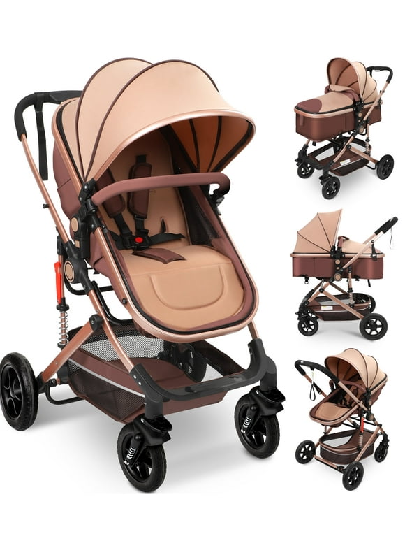 Vomeast Baby Stroller, Foldable Baby Stroller Reversible Bassinet, Travel Stroller for Newborn Baby, Khaki