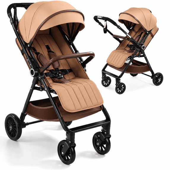 Vomeast Lightweight Stroller, Foldable Baby Stroller with Reversible Handle & One-Hand Fold for Travel, Khaki & Brown