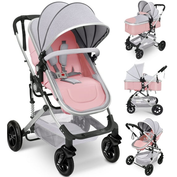 Vomeast Baby Stroller, Foldable Baby Stroller Reversible Bassinet, Travel Stroller for Newborn, Pink & Gray