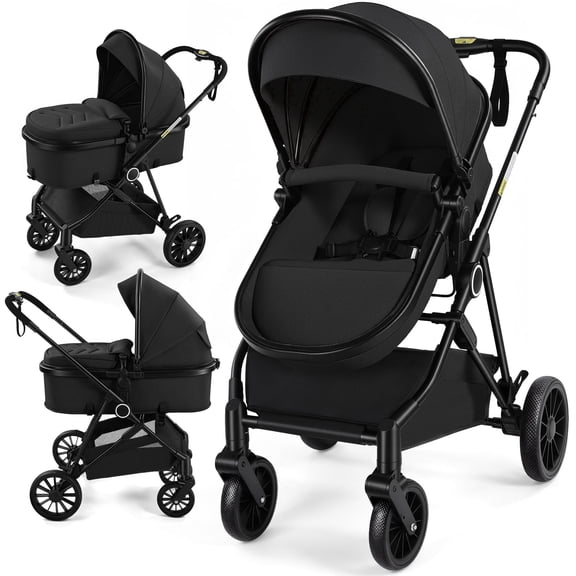 Vomeast Baby Stroller, Foldable Lightweight Travel Stroller with Reversible Seat, 5-Point Harness, Adjustable Canopy, Storage Basket and Footmuff, Black