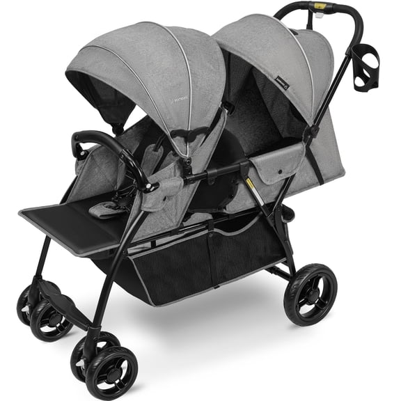 Vomeast Double Stroller for Twins, Foldable Lightweight Travel Stroller for Infant and Toddler, 5-Point Harness, Adjustable Canopy & Reclining Seat, Gray