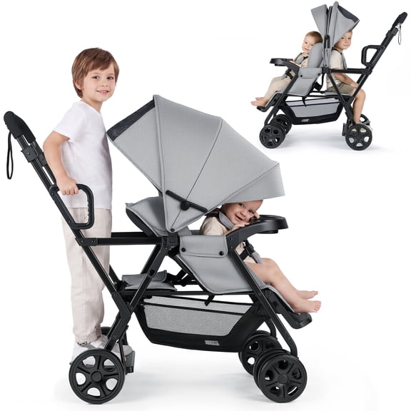Vomeast Double Stroller, Foldable Travel Baby Stroller, Sit and Stand, Lockable Front Wheels, Dual Rear Brakes, Gray