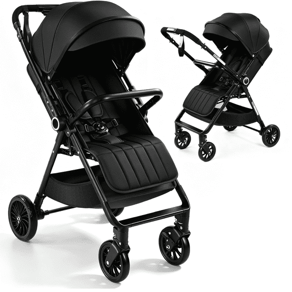 Vomeast Lightweight Stroller, Foldable Baby Stroller with Reversible Handle & One-Hand Fold for Travel, Black