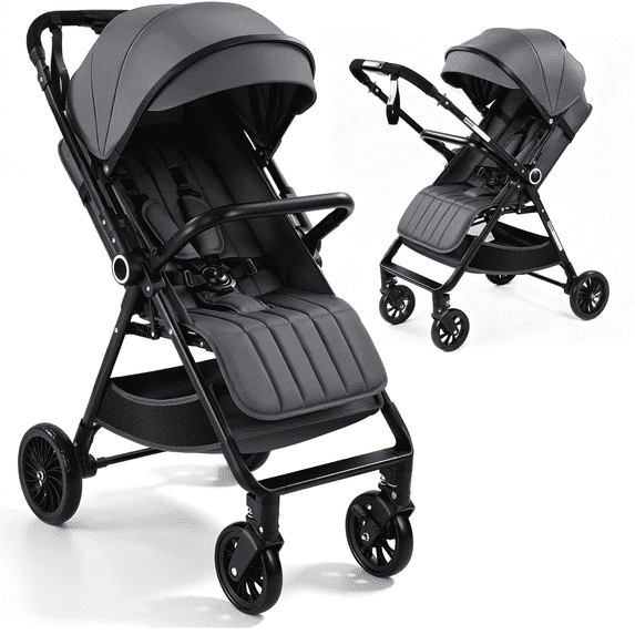 Vomeast Lightweight Stroller, Foldable Baby Stroller with Reversible Handle & One-Hand Fold for Travel, Gray