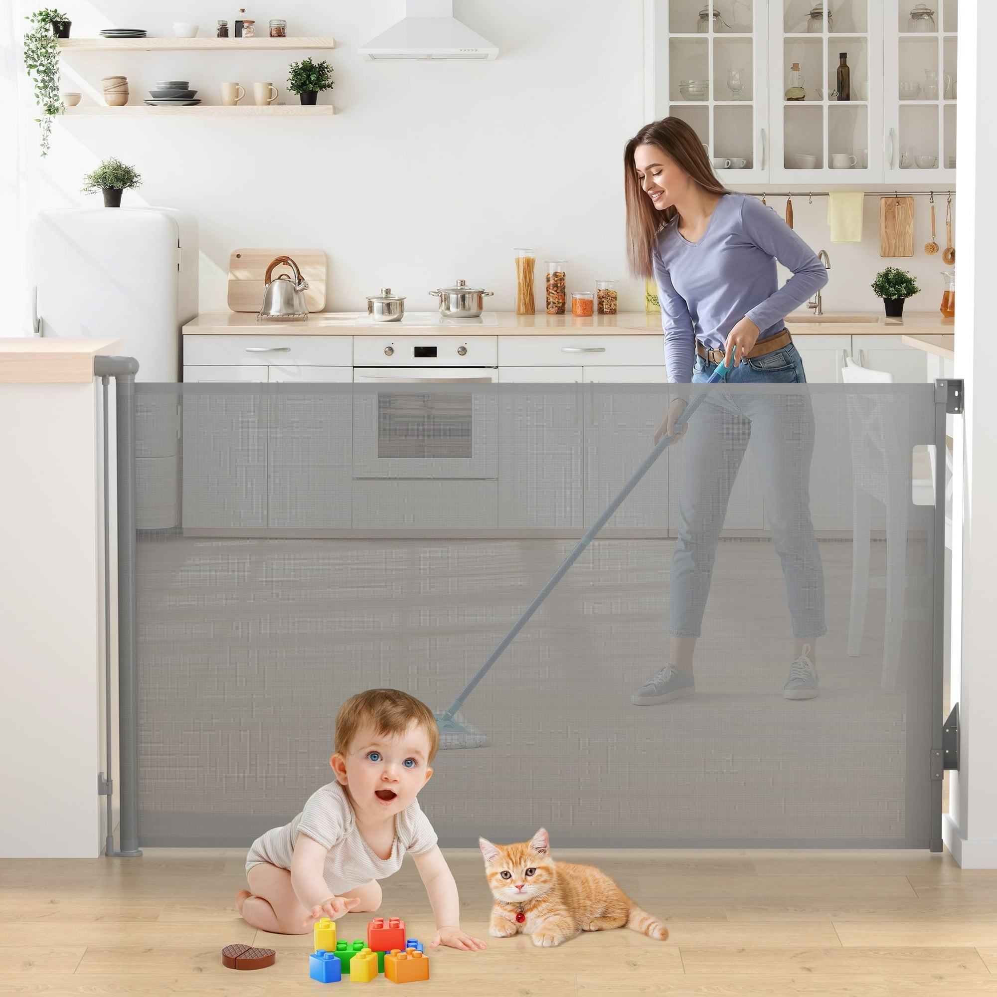 Vomeast Retractable Mesh Baby Gates, Extends up to 71in Wide, 37.4in Tall Safety Dog Gates for Stairs Doorways Hallways(Grey)