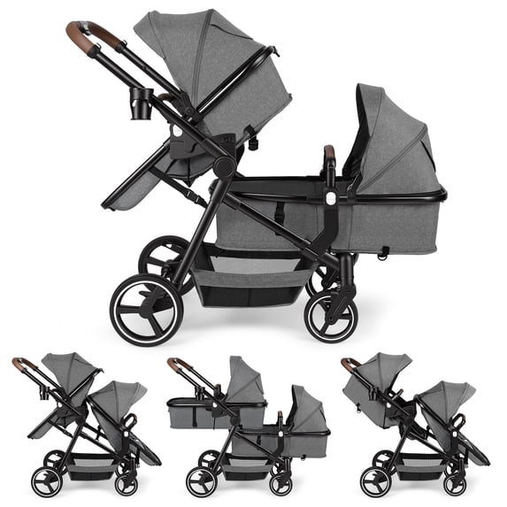 Vomeast Double Stroller for Infant and Toddlers, Foldable Twin Baby Strollers, Reversible Seat, 5-Point Harness, Adjustable Canopy & Reclining Seat, Gray