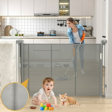 Vomeast Upgrade 60in Extra Wide Retractable Baby Gates with Support Rods,Prevent Crawling Through Reinforced Dog Gates for Doorways Stairs Hallways(Grey)