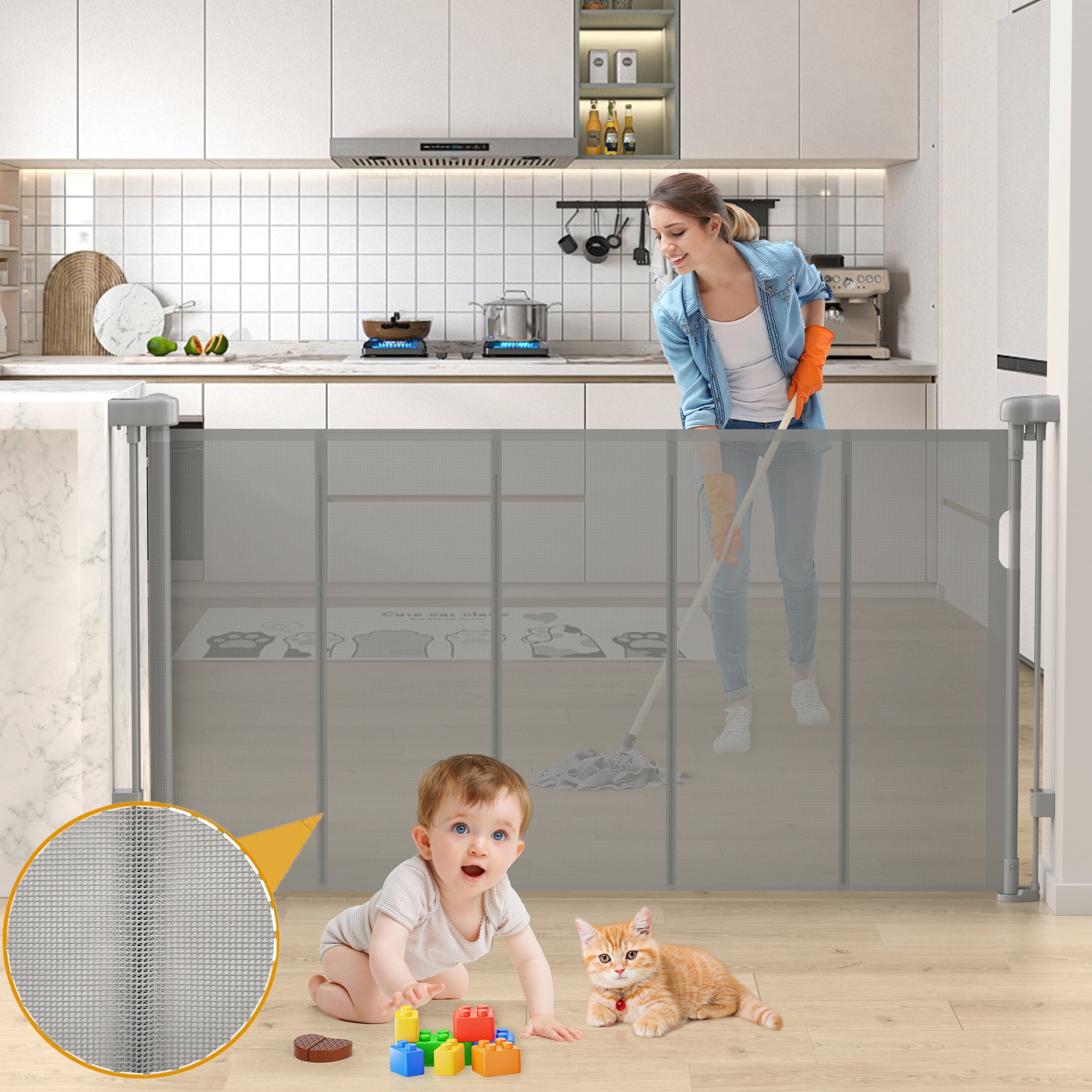 Vomeast 71in Extra Wide Retractable Baby Gates with Support Rods,Dog Gates for Doorways Stairs Hallways(Grey)