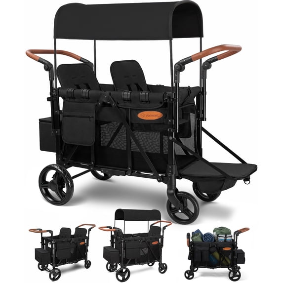 Vomeast Upgrade Wagon Stroller for 2 Kids, 2-Seater Outdoor Baby Stroller Wagon with Canopy, 5-Point Harness, Adjustable Handle(Black)