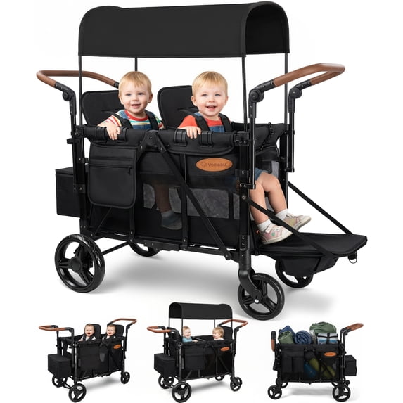 Vomeast Upgrade Wagon Stroller for 2 Kids, 2-Seater Baby Stroller Wagon with Canopy, 5-Point Harness, Adjustable Handle(Black)