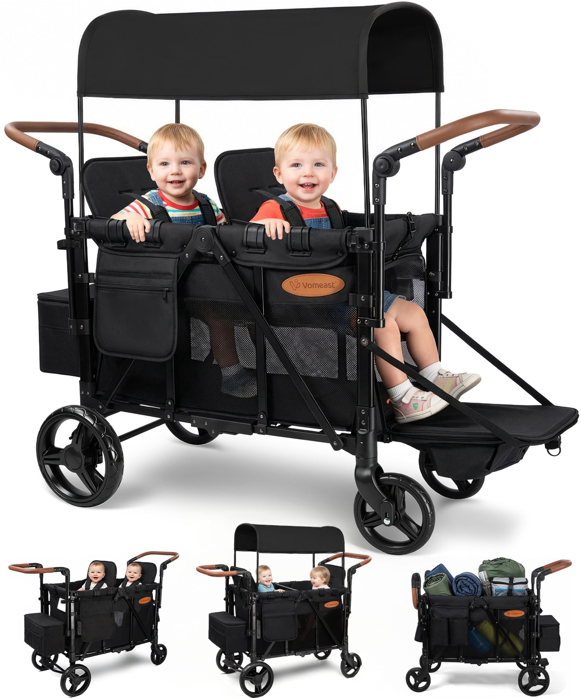 Vomeast Upgrade Wagon Stroller for 2 Kids, 2-Seater Outdoor Baby Stroller Wagon with Canopy, 5-Point Harness, Adjustable Handle(Black)