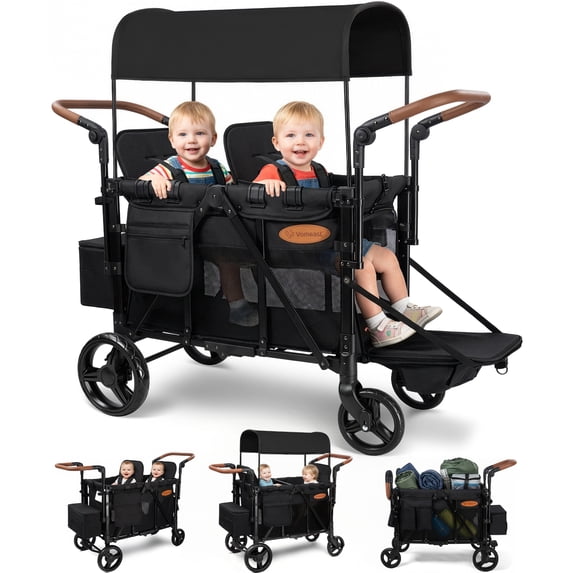 Vomeast Upgrade Wagon Stroller for 2 Kids, 2-Seater Outdoor Baby Stroller Wagon with Canopy, 5-Point Harness, Adjustable Handle(Black)