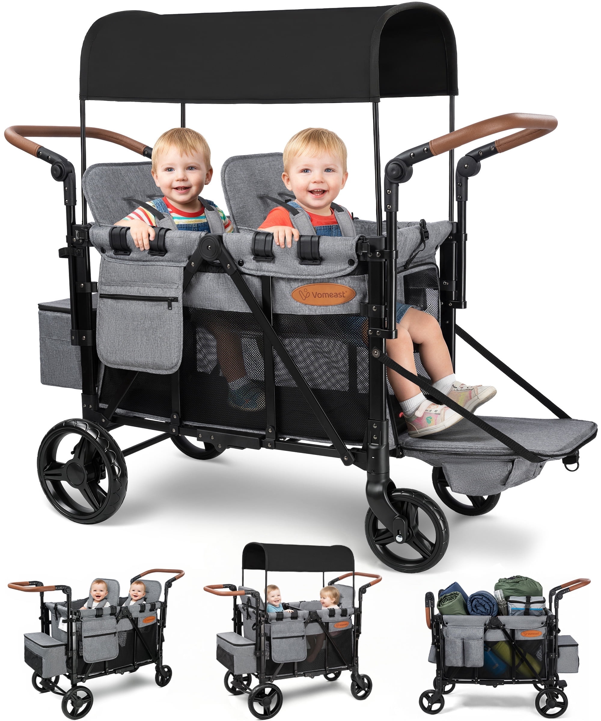 Vomeast Upgrade Wagon Stroller for 2 Kids, 2-Seater Outdoor Baby Stroller Wagon with Canopy, 5-Point Harness, Adjustable Handle(Grey)