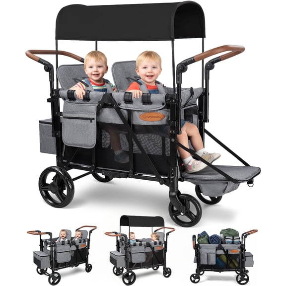 Vomeast Upgrade Wagon Stroller for 2 Kids, 2-Seater Outdoor Baby Stroller Wagon with Canopy, 5-Point Harness, Adjustable Handle(Grey)