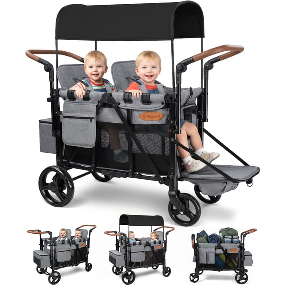 Vomeast Upgrade Wagon Stroller for 2 Kids, 2-Seater Baby Stroller Wagon with Canopy, 5-Point Harness, Adjustable Handle(Grey)