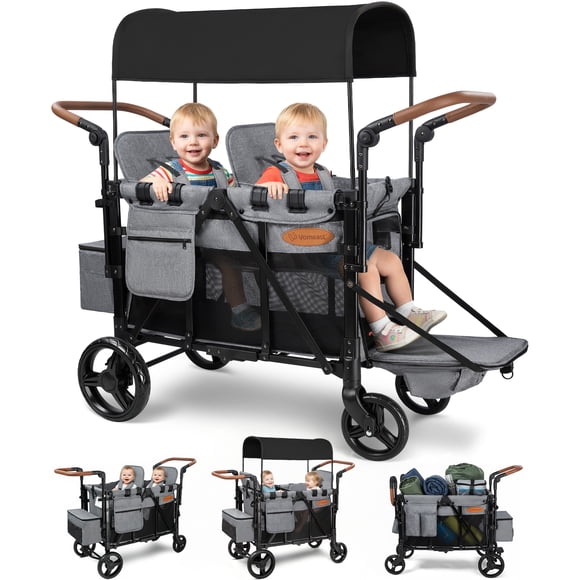 Vomeast Upgrade Wagon Stroller for 2 Kids, 2-Seater Baby Stroller Wagon with Canopy, 5-Point Harness, Adjustable Handle(Grey)