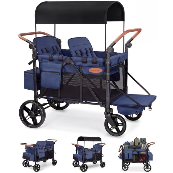 Vomeast Upgrade Wagon Stroller for 4 Kids, 4-Seater Outdoor Baby Stroller Wagon with Canopy, 5-Point Harness, Adjustable Handle(Blue)