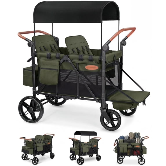 Vomeast Upgrade Wagon Stroller for 4 Kids, 4-Seater Outdoor Baby Stroller Wagon with Canopy, 5-Point Harness, Adjustable Handle(Green)