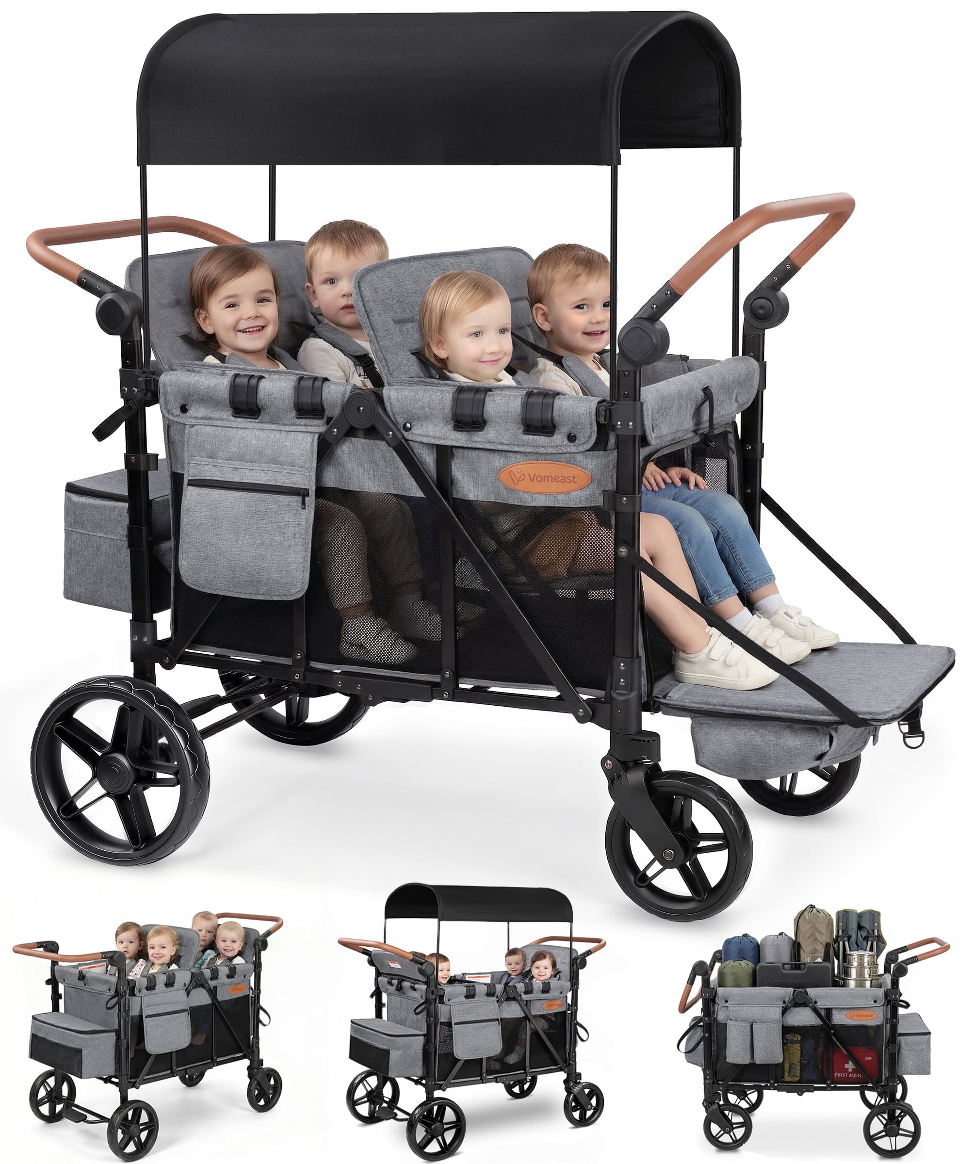 Vomeast Upgrade Wagon Stroller for 4 Kids, 4-Seater Outdoor Baby Stroller Wagon with Canopy, 5-Point Harness, Adjustable Handle(Grey)